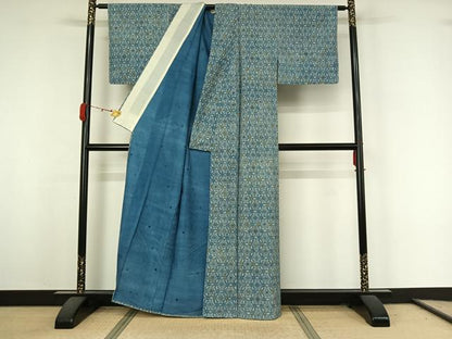 平和屋着物▽上質な小紋　単衣　紬地　藍　花唐草文　正絹　逸品　AABK3738jh