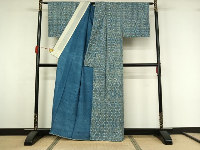 平和屋着物▽上質な小紋　単衣　紬地　藍　花唐草文　正絹　逸品　AABK3738jh