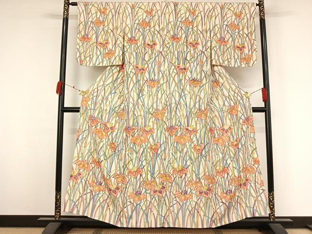 平和屋着物▽訪問着　単衣　手描き　燕子花　正絹　逸品　AABK3739jh