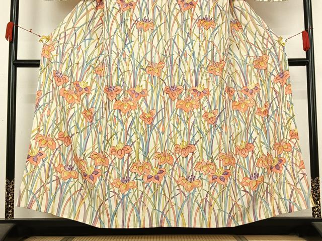 平和屋着物▽訪問着　単衣　手描き　燕子花　正絹　逸品　AABK3739jh