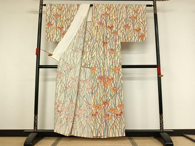 平和屋着物▽訪問着　単衣　手描き　燕子花　正絹　逸品　AABK3739jh