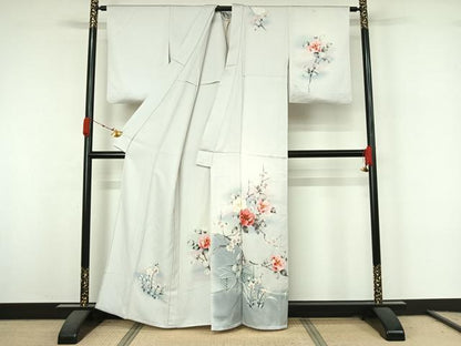 平和屋着物▽訪問着　単衣　手描き　枝花文　暈し染め　正絹　逸品　AABK3740jh
