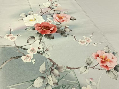 平和屋着物▽訪問着　単衣　手描き　枝花文　暈し染め　正絹　逸品　AABK3740jh