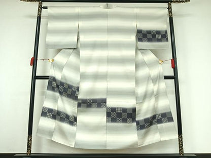 平和屋着物▽訪問着　単衣　お召地　横段吉祥文　正絹　逸品　AABK3747jh
