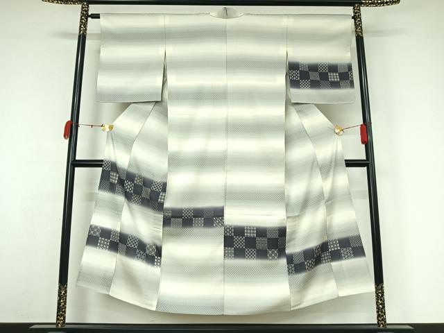平和屋着物▽訪問着　単衣　お召地　横段吉祥文　正絹　逸品　AABK3747jh