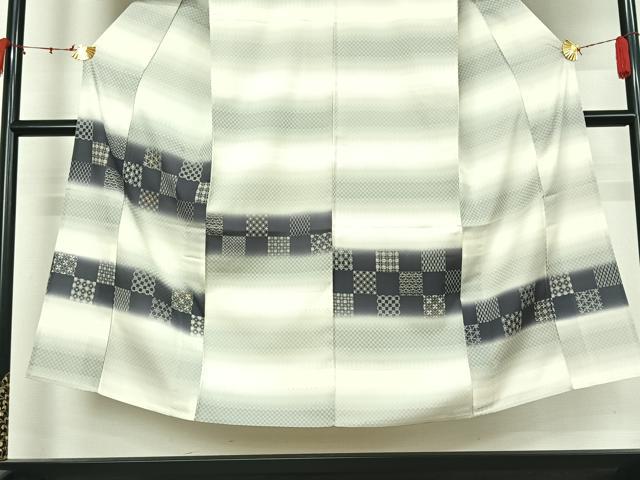 平和屋着物▽訪問着　単衣　お召地　横段吉祥文　正絹　逸品　AABK3747jh