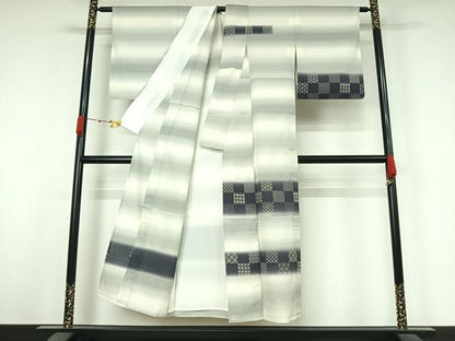 平和屋着物▽訪問着　単衣　お召地　横段吉祥文　正絹　逸品　AABK3747jh