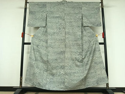 平和屋着物▽上質な紬　単衣　草花文　正絹　逸品　AABK3749jh
