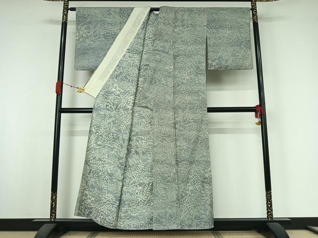 平和屋着物▽上質な紬　単衣　草花文　正絹　逸品　AABK3749jh
