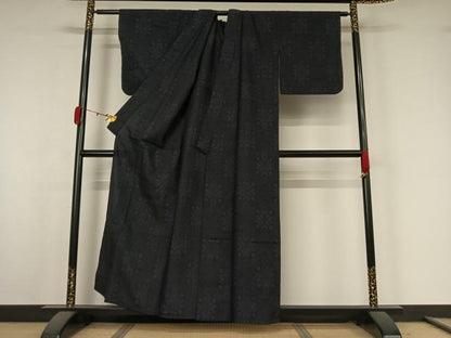 平和屋着物▽上質な紬　単衣　幾何学文様　正絹　逸品　AABK3750jh