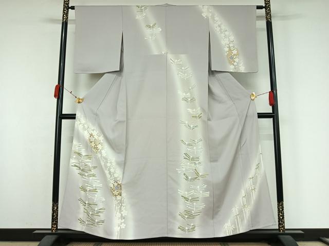 平和屋着物▽訪問着　単衣　友禅　駒刺繍　松竹梅　暈し染め　金彩　正絹　逸品　AABK3755jh