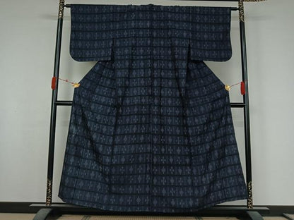 平和屋着物▽上質な紬　単衣　幾何学文様　正絹　逸品　AABK3759jh