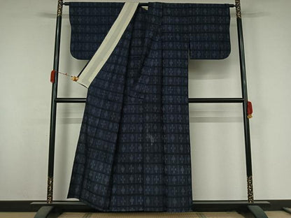 平和屋着物▽上質な紬　単衣　幾何学文様　正絹　逸品　AABK3759jh