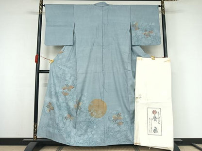 平和屋着物▽京都祇園の老舗　ぎをん齋藤　訪問着　単衣　紬地　枝葉文　薄　たとう紙付き　正絹　逸品　AABK3760jh