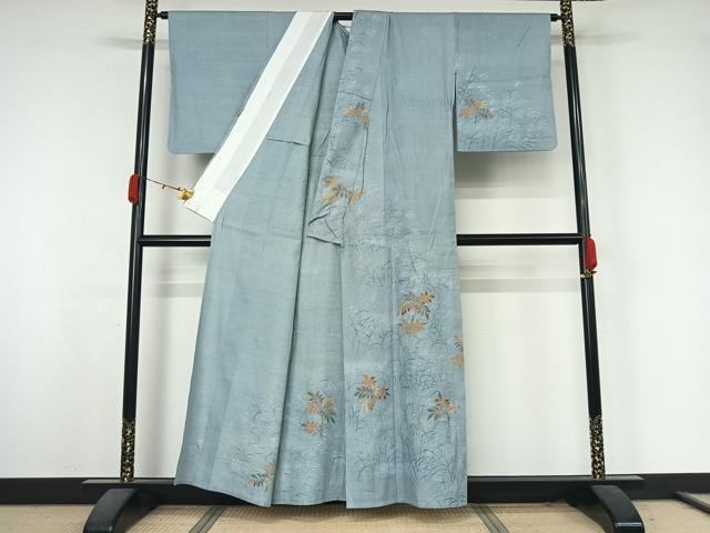 平和屋着物▽京都祇園の老舗　ぎをん齋藤　訪問着　単衣　紬地　枝葉文　薄　たとう紙付き　正絹　逸品　AABK3760jh