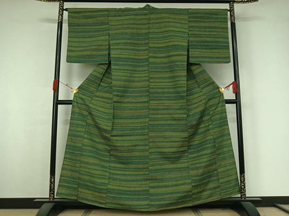 平和屋着物▽上質な紬　単衣　横段文　正絹　逸品　AABK3762jh