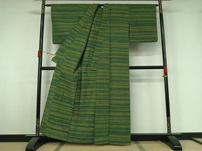 平和屋着物▽上質な紬　単衣　横段文　正絹　逸品　AABK3762jh