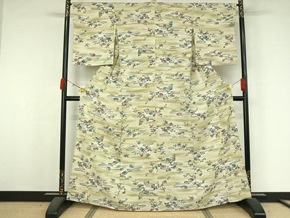 平和屋着物▽上質な小紋　単衣　紬地　草花文　正絹　逸品　AABK3764jh