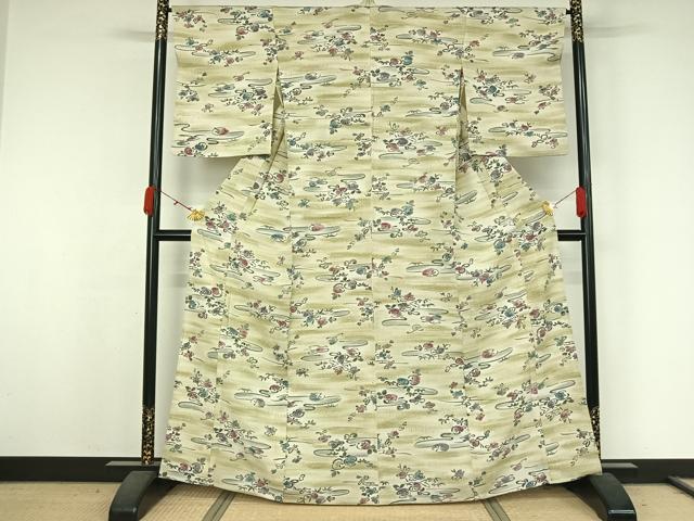 平和屋着物▽上質な小紋　単衣　紬地　草花文　正絹　逸品　AABK3764jh