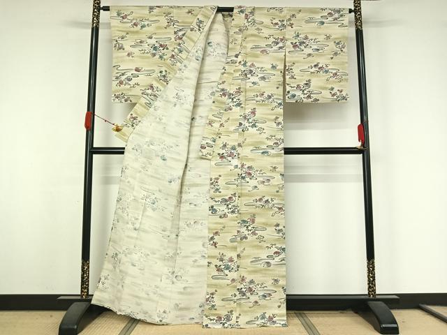 平和屋着物▽上質な小紋　単衣　紬地　草花文　正絹　逸品　AABK3764jh