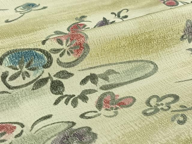平和屋着物▽上質な小紋　単衣　紬地　草花文　正絹　逸品　AABK3764jh