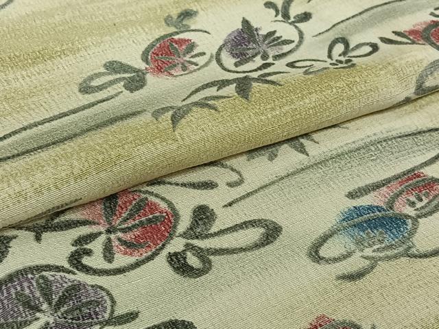 平和屋着物▽上質な小紋　単衣　紬地　草花文　正絹　逸品　AABK3764jh