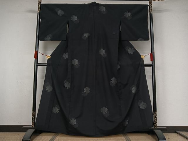 平和屋着物▽本塩沢　単衣　雪輪文　黒地　正絹　逸品　AABK3768jh