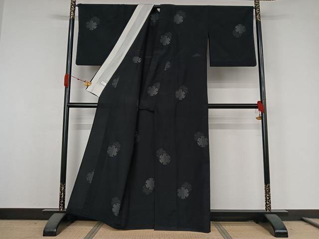 平和屋着物▽本塩沢　単衣　雪輪文　黒地　正絹　逸品　AABK3768jh