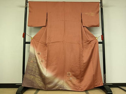 平和屋着物▽訪問着　単衣　駒刺繍　立波花丸文　暈し染め　金彩　正絹　逸品　AABK3771jh