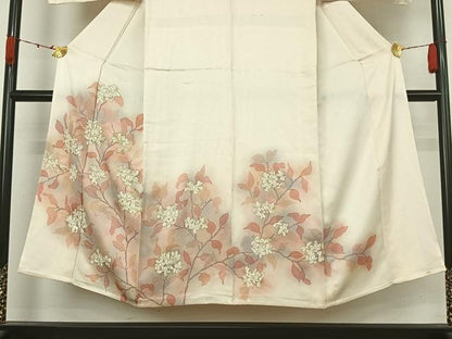 平和屋着物▽訪問着　単衣　駒刺繍　枝花文　暈し染め　正絹　逸品　AABK3773jh