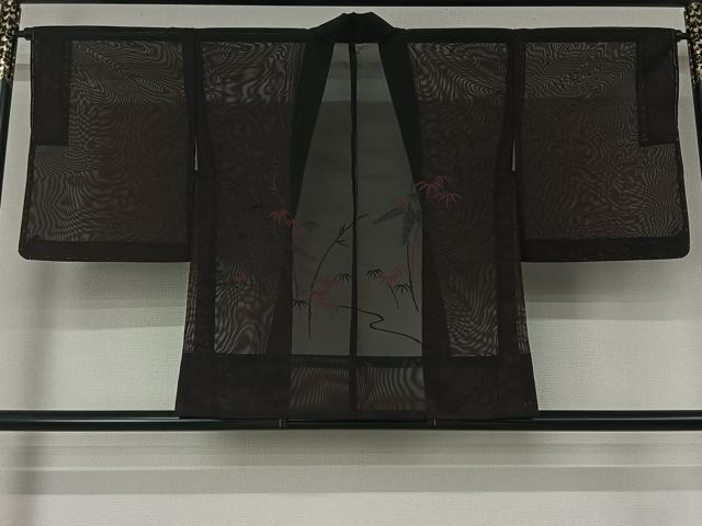平和屋着物▽羽織　スリーシーズン　春夏秋　塵除け　笹の葉文　黒地　正絹　逸品　未使用　AABK3775jh