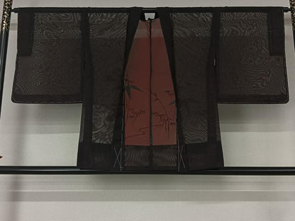 平和屋着物▽羽織　スリーシーズン　春夏秋　塵除け　笹の葉文　黒地　正絹　逸品　未使用　AABK3775jh