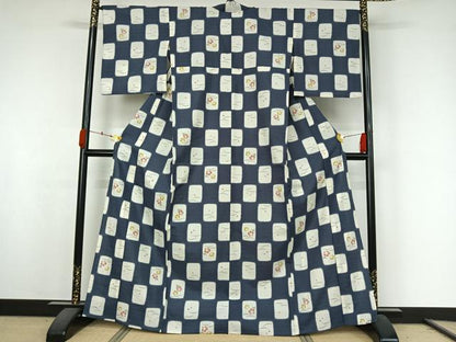 平和屋着物▽小紋　単衣　芝花文　洗える着物　AABK3778jh