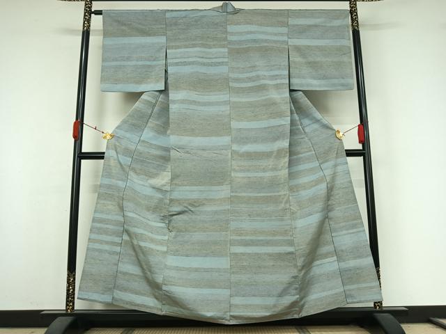 平和屋着物▽上質な紬　単衣　横段文　正絹　逸品　AABK3785jh