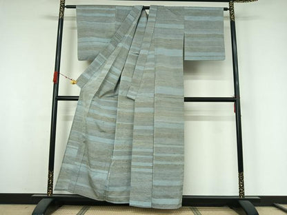 平和屋着物▽上質な紬　単衣　横段文　正絹　逸品　AABK3785jh