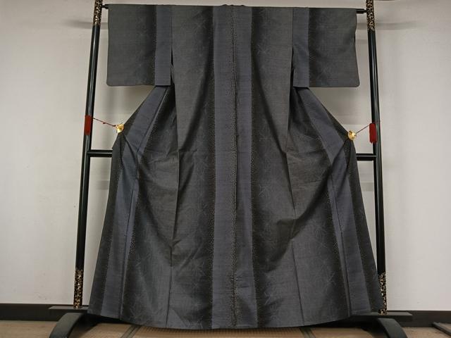 平和屋着物▽本場大島紬　単衣　9マルキ　麻の葉間道　正絹　逸品　AABK3786jh