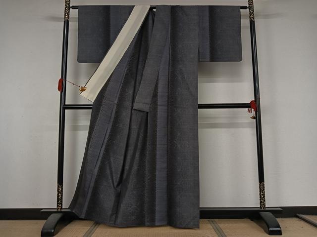 平和屋着物▽本場大島紬　単衣　9マルキ　麻の葉間道　正絹　逸品　AABK3786jh