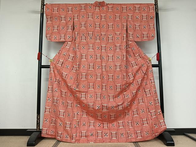 平和屋着物▽上質な紬　単衣　琉球絣文様　正絹　逸品　AABK3789jh