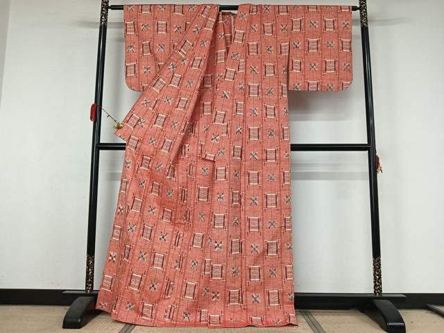 平和屋着物▽上質な紬　単衣　琉球絣文様　正絹　逸品　AABK3789jh