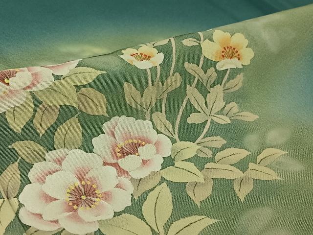 平和屋着物▽訪問着　単衣　作家物　手描き　草花文　暈し染め　正絹　逸品　AABK3791jh