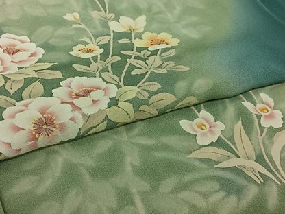 平和屋着物▽訪問着　単衣　作家物　手描き　草花文　暈し染め　正絹　逸品　AABK3791jh
