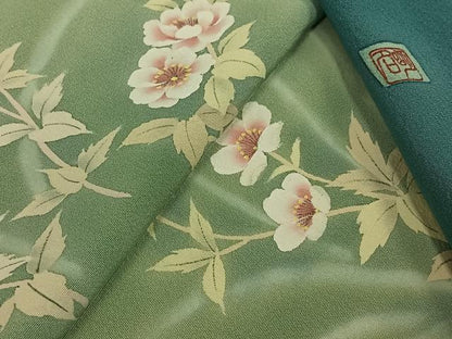 平和屋着物▽訪問着　単衣　作家物　手描き　草花文　暈し染め　正絹　逸品　AABK3791jh