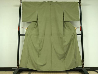 平和屋着物▽お召　単衣　色無地　山葵色　正絹　逸品　AABK3792jh