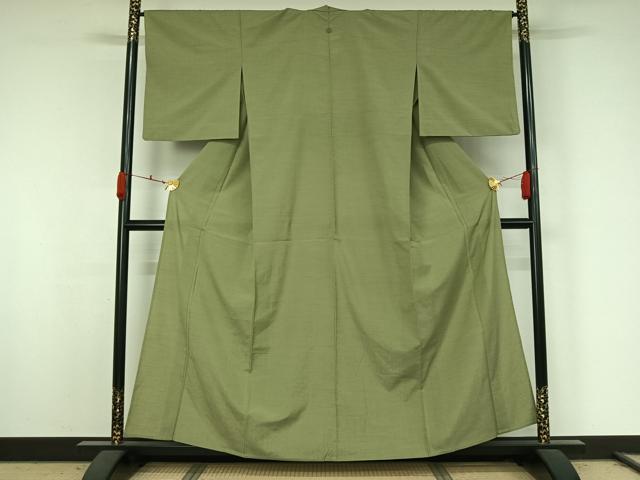 平和屋着物▽お召　単衣　色無地　山葵色　正絹　逸品　AABK3792jh