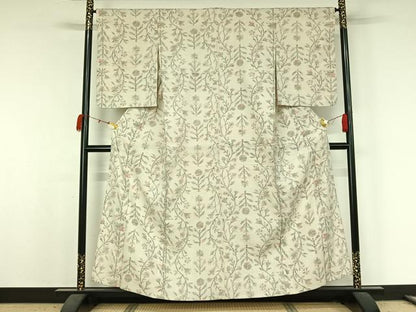 平和屋着物▽小千谷紬　単衣　草花文　正絹　逸品　AABK3793jh