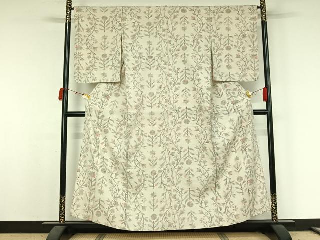 平和屋着物▽小千谷紬　単衣　草花文　正絹　逸品　AABK3793jh