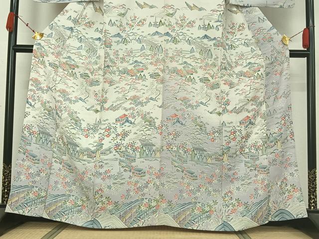 平和屋着物▽訪問着　単衣　風景花文　暈し染め　正絹　逸品　AABK3795jh