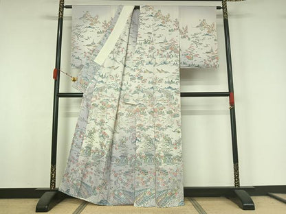 平和屋着物▽訪問着　単衣　風景花文　暈し染め　正絹　逸品　AABK3795jh