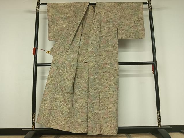 平和屋着物▽上質な紬　単衣　草花文　正絹　逸品　AABK3796jh