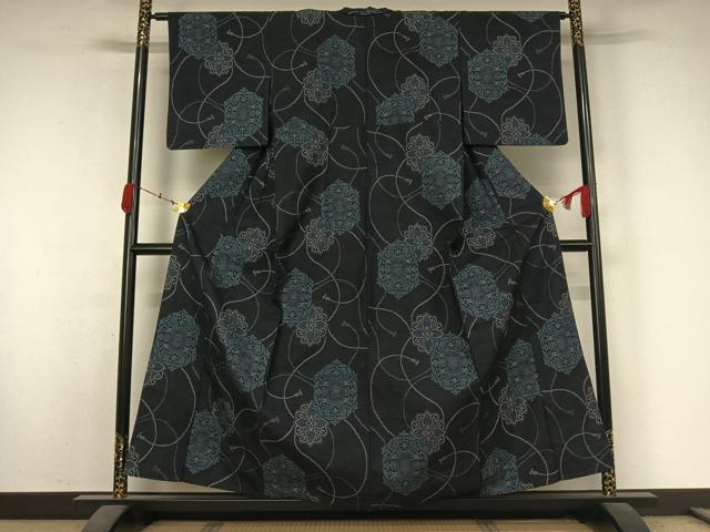 平和屋着物▽上質な紬　単衣　正倉院花文　正絹　逸品　AABK3798jh